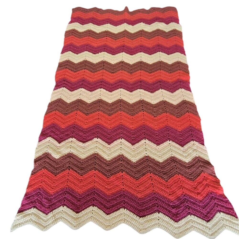 Handmade Crochet Blanket Vtg Chevron Ripple Afghan 77x41 Fall‎ Autumn Colors Tan